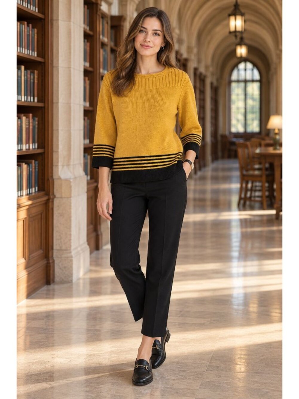 Vintage FIA Italia Hanknits Sweater Women's L Mustard Black Stripe 3/4 Sleeve